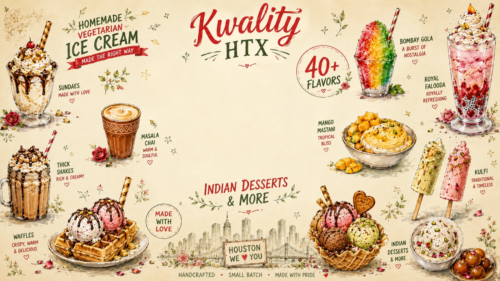 Kwality HTX — 40+ flavors, sundaes, thick shakes, waffles, masala chai, Bombay gola, mango mastani, royal falooda, and kulfi.